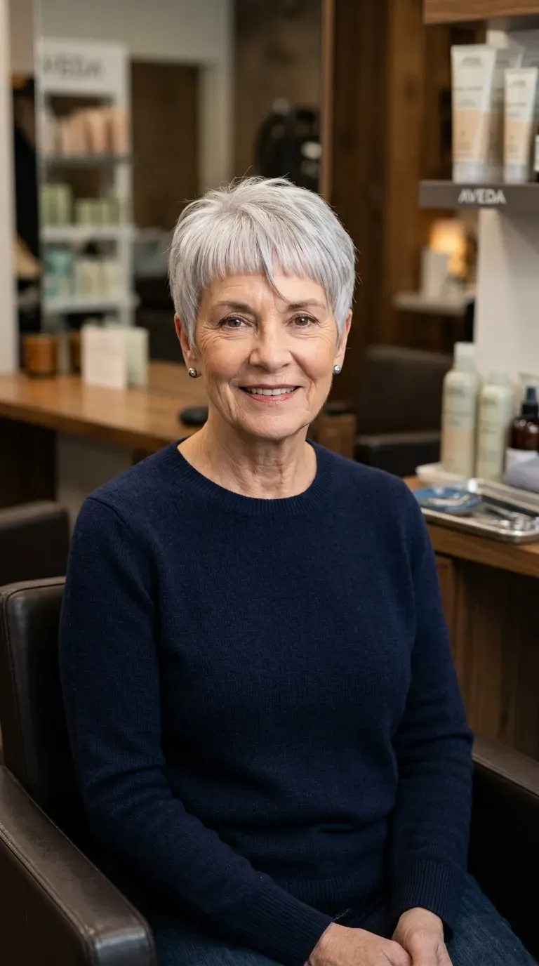 Woman over 60 with a cropped pixie paired with a soft, blunt fringe