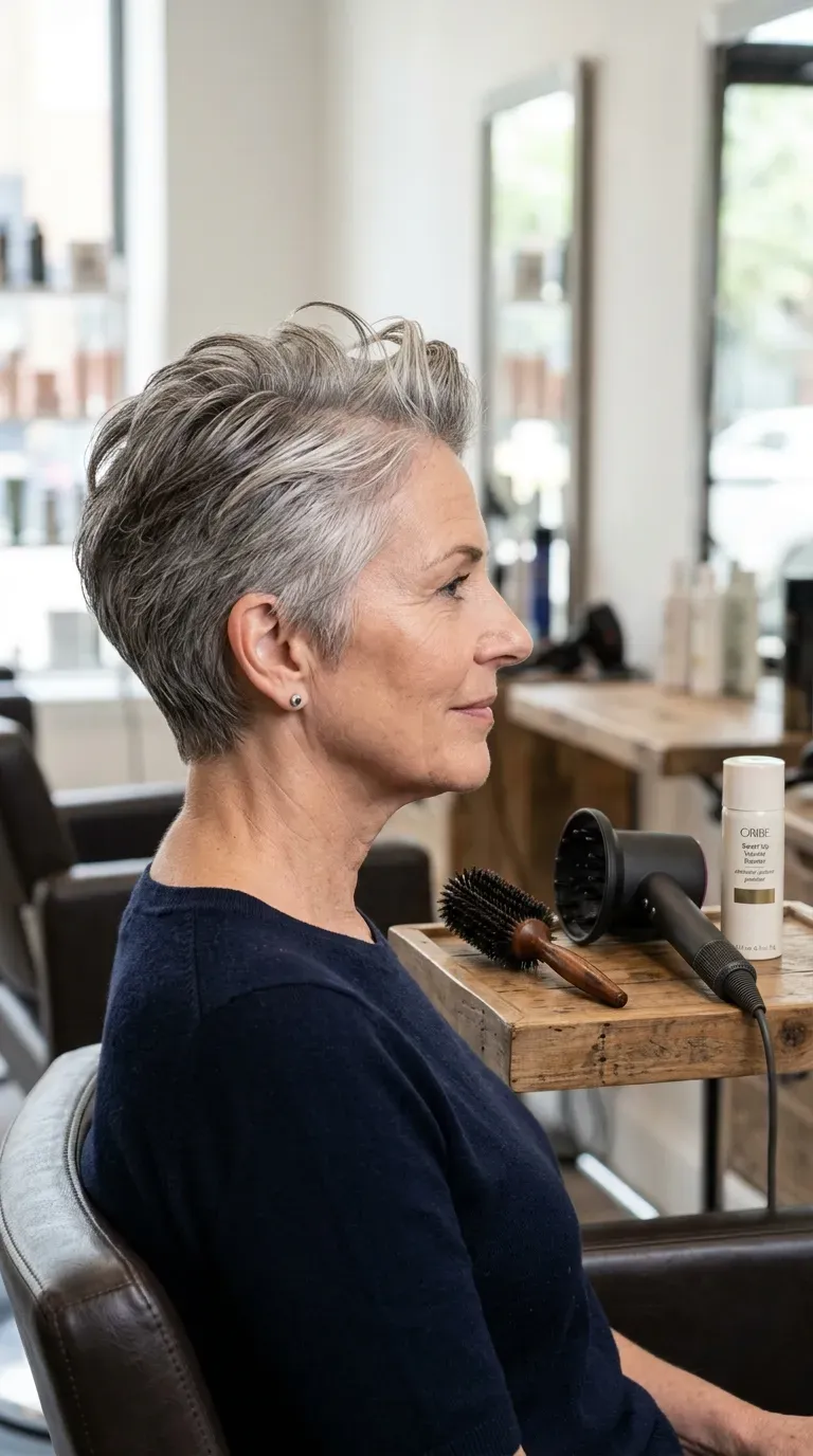 Side profile of a cropped pixie styled with strong lift at the roots