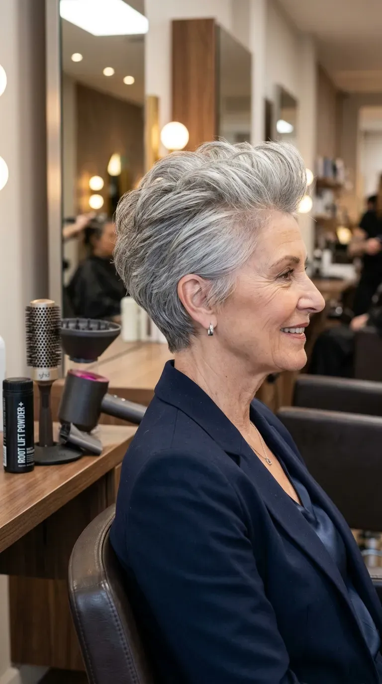 Woman over 70 with a cropped pixie styled with noticeable volume at the crown