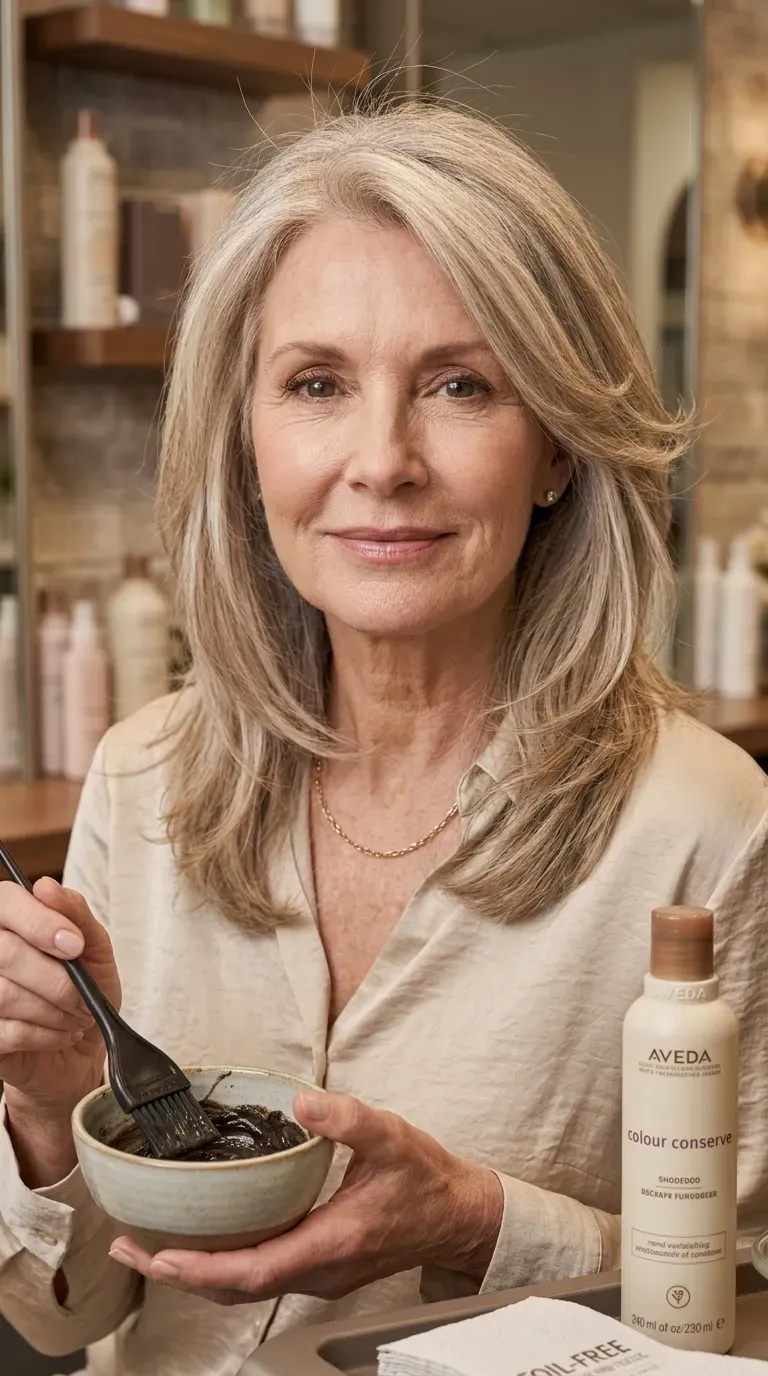 Woman over 60 with subtly brightened long layers around her crown for a soft lifted effect