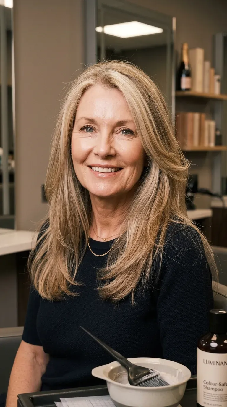 Woman over 60 with subtly brightened long layers around her crown for a soft lifted effect