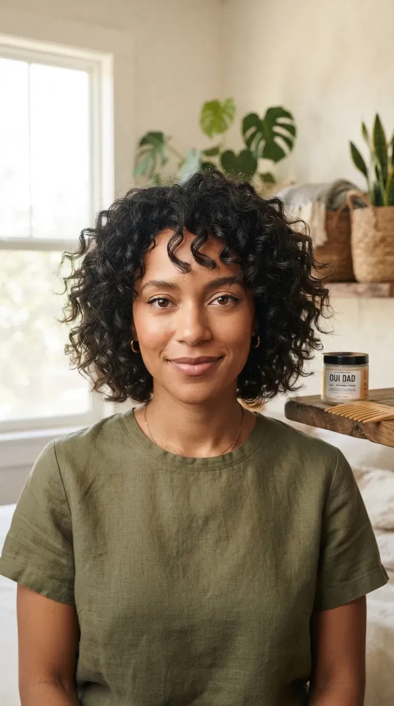 Woman with natural curls cut into a choppy bob shape for added volume