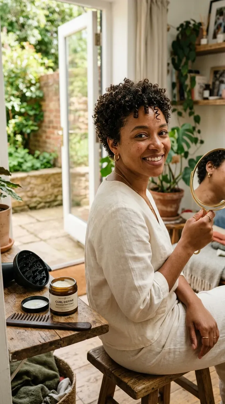Woman with a curly cropped pixie showing natural texture for fine hair