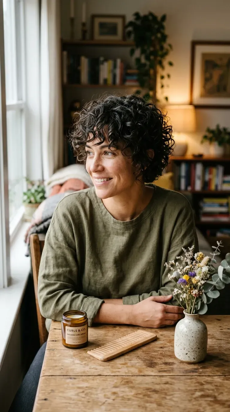 Woman with a curly pixie shag and soft, natural curly fringe over the forehead