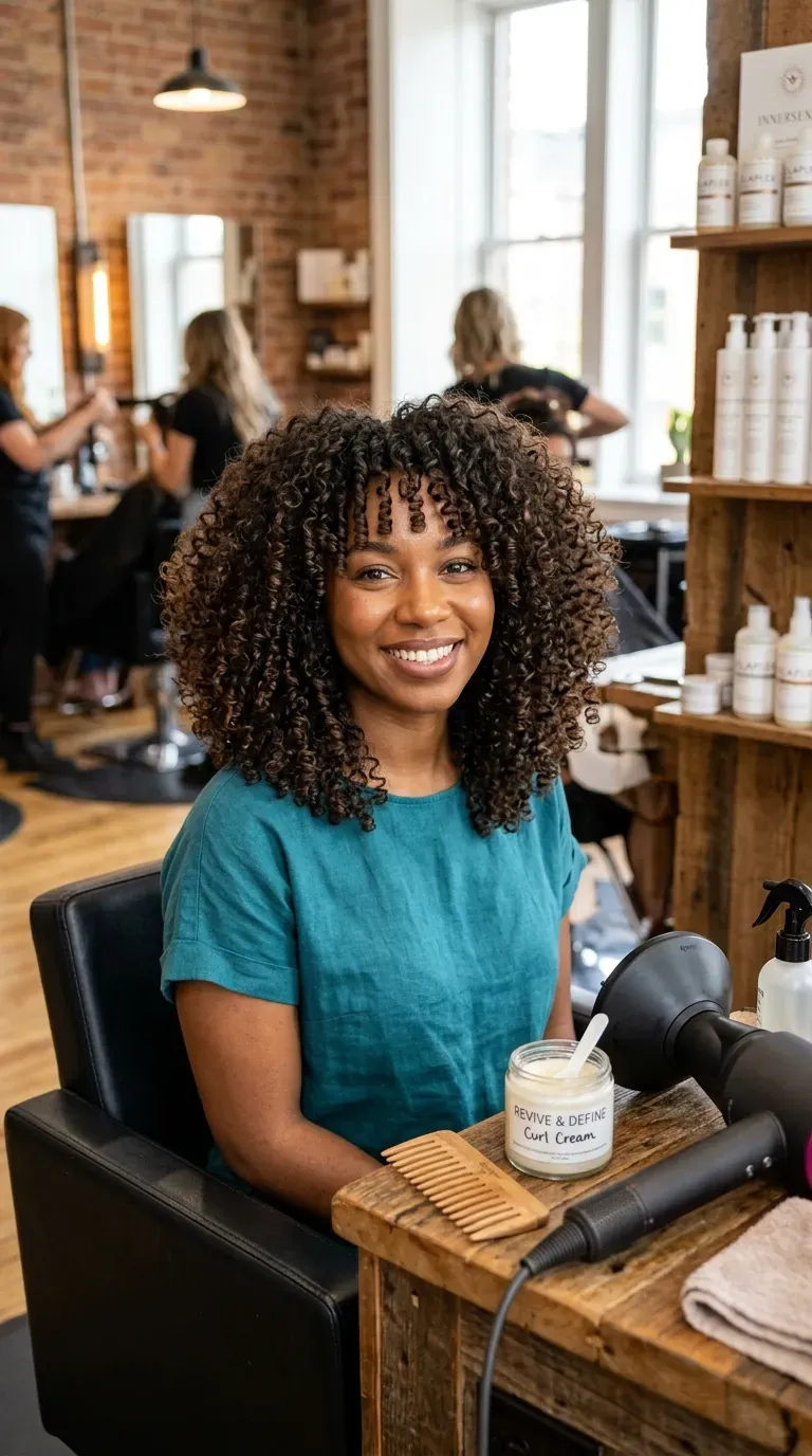 Woman with natural curly hair featuring bouncy defined front layers around her face