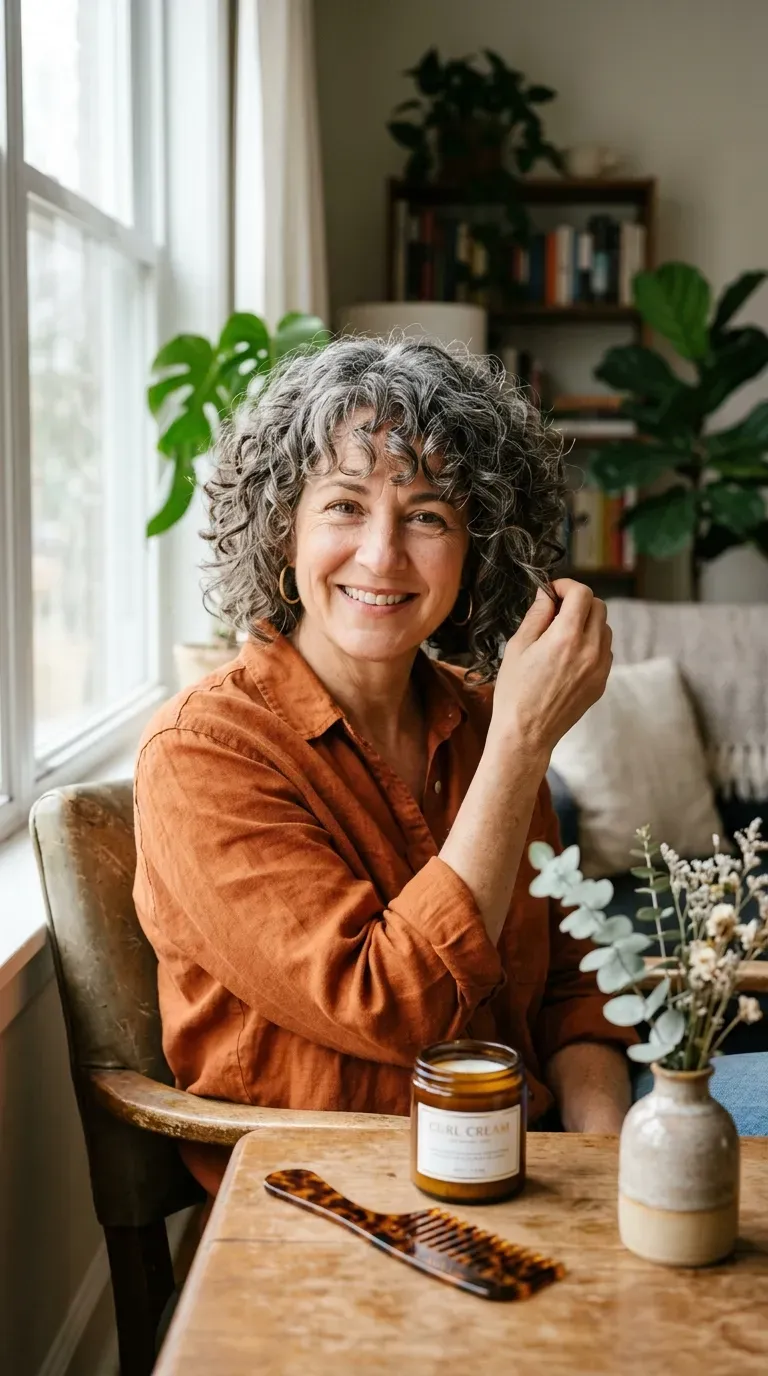 Woman over 50 with natural curls cut into a layered bob with curly bangs