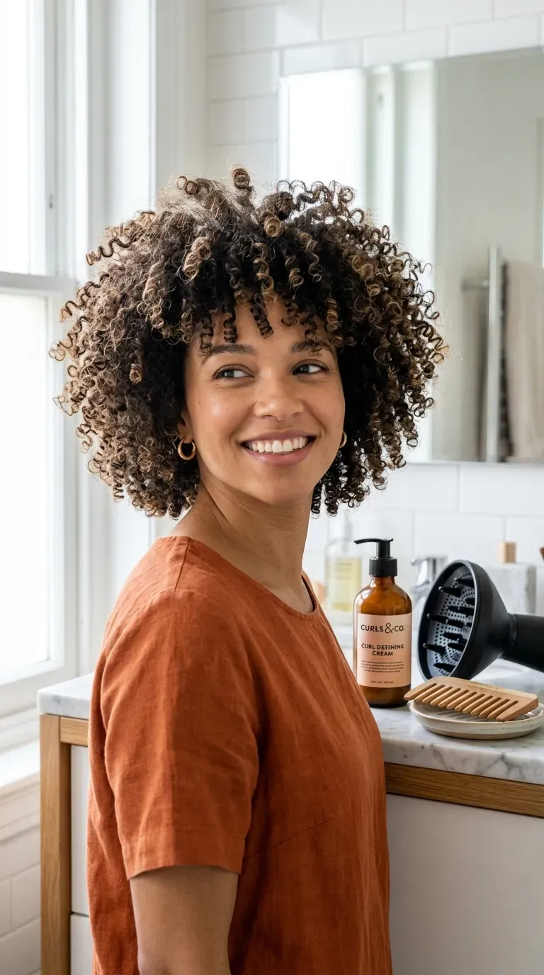 Curly bob haircut with internal layers for defined bounce and shape