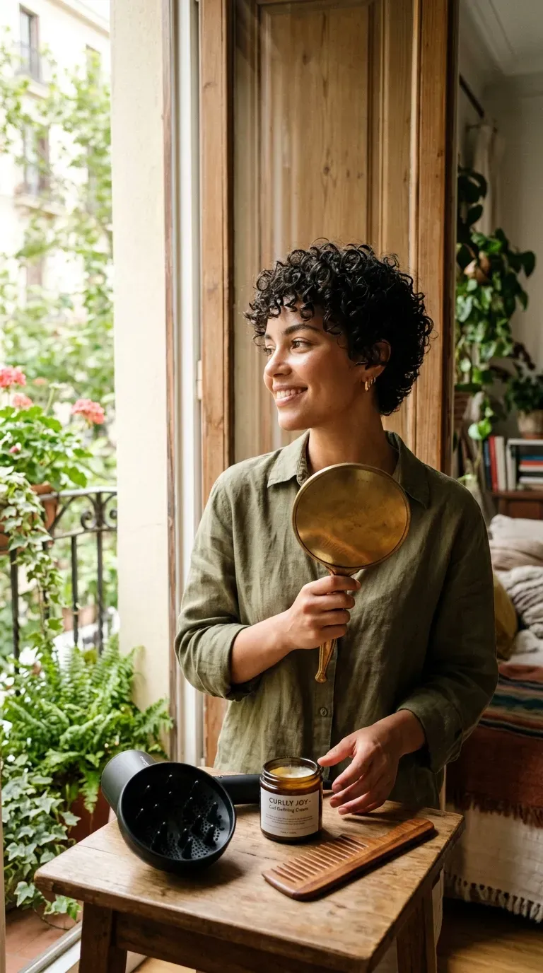 Woman with a curly layered pixie showing defined natural texture