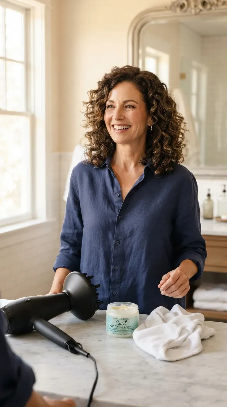 Woman over 50 with curly medium layered hair diffused into defined bouncy curls
