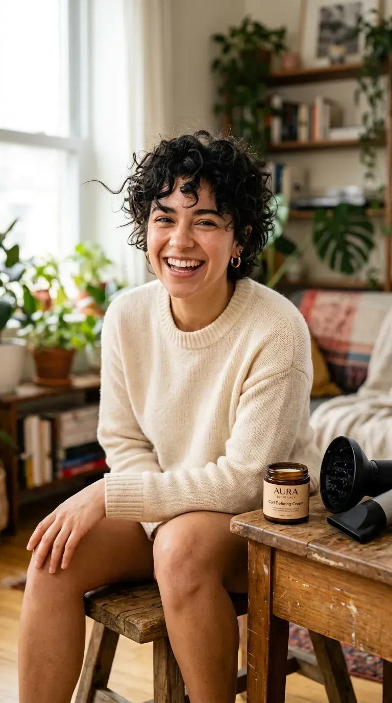 Woman with natural curls cut into a shaggy pixie shape with defined ringlets
