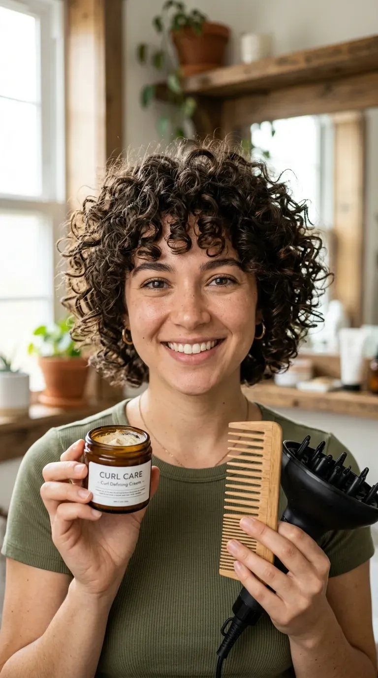 Woman with a short shag styled to define naturally curly hair