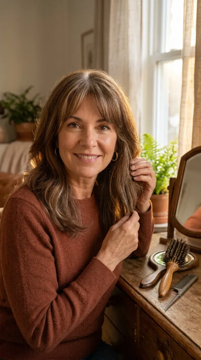 Layered haircut with soft curtain bangs parted at the center over gray-streaked hair
