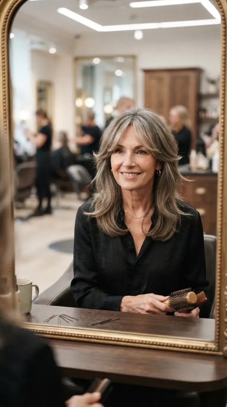 Woman over 50 with soft curtain bangs blended into face-framing medium layers