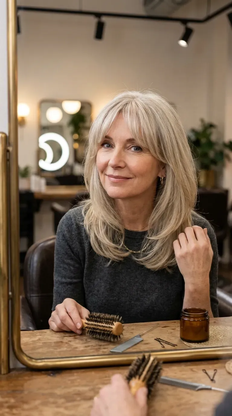 Woman over 50 with fine hair styled in soft curtain bangs blended into layers