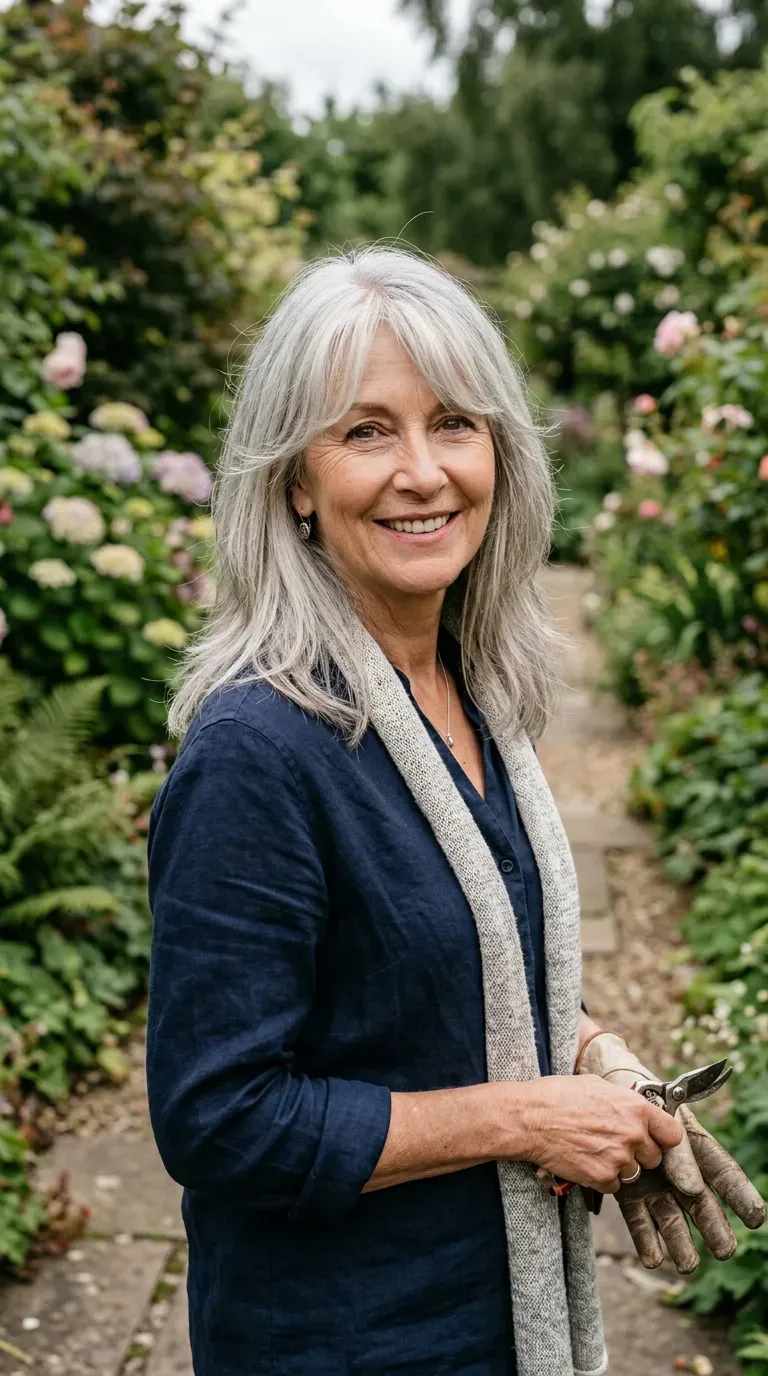 Woman over 60 with soft curtain bangs blended into long layered hairstyle