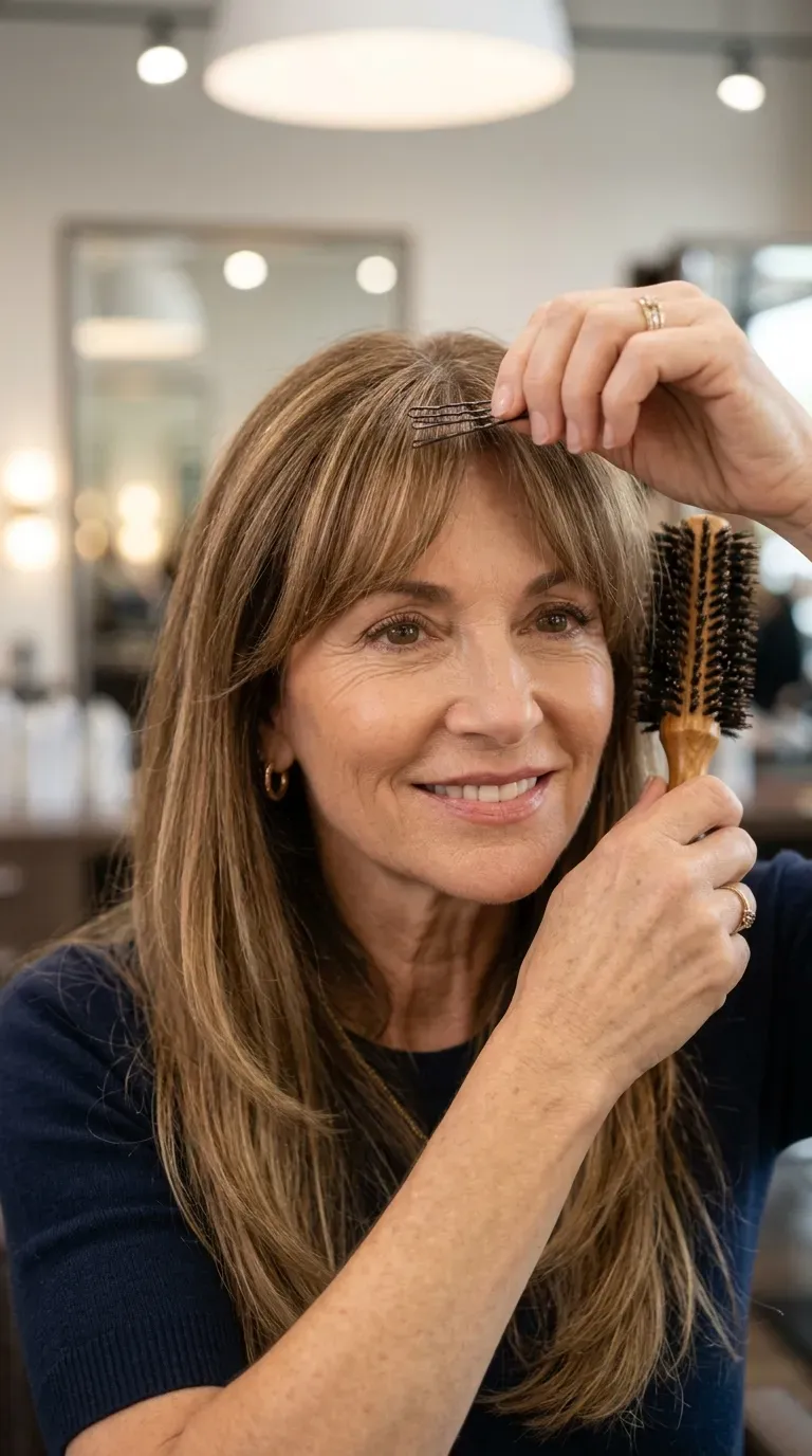 Woman over 50 with soft curtain bangs blended into long layered hair
