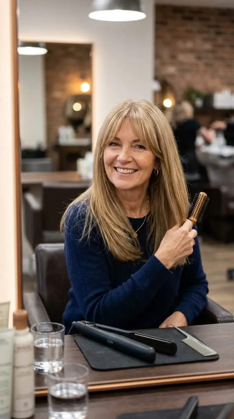Woman over 50 with soft curtain bangs blended into straight long layered hair