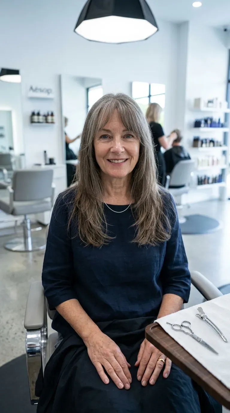 Woman over 60 with a wispy curtain fringe blending into longer layers on fine hair