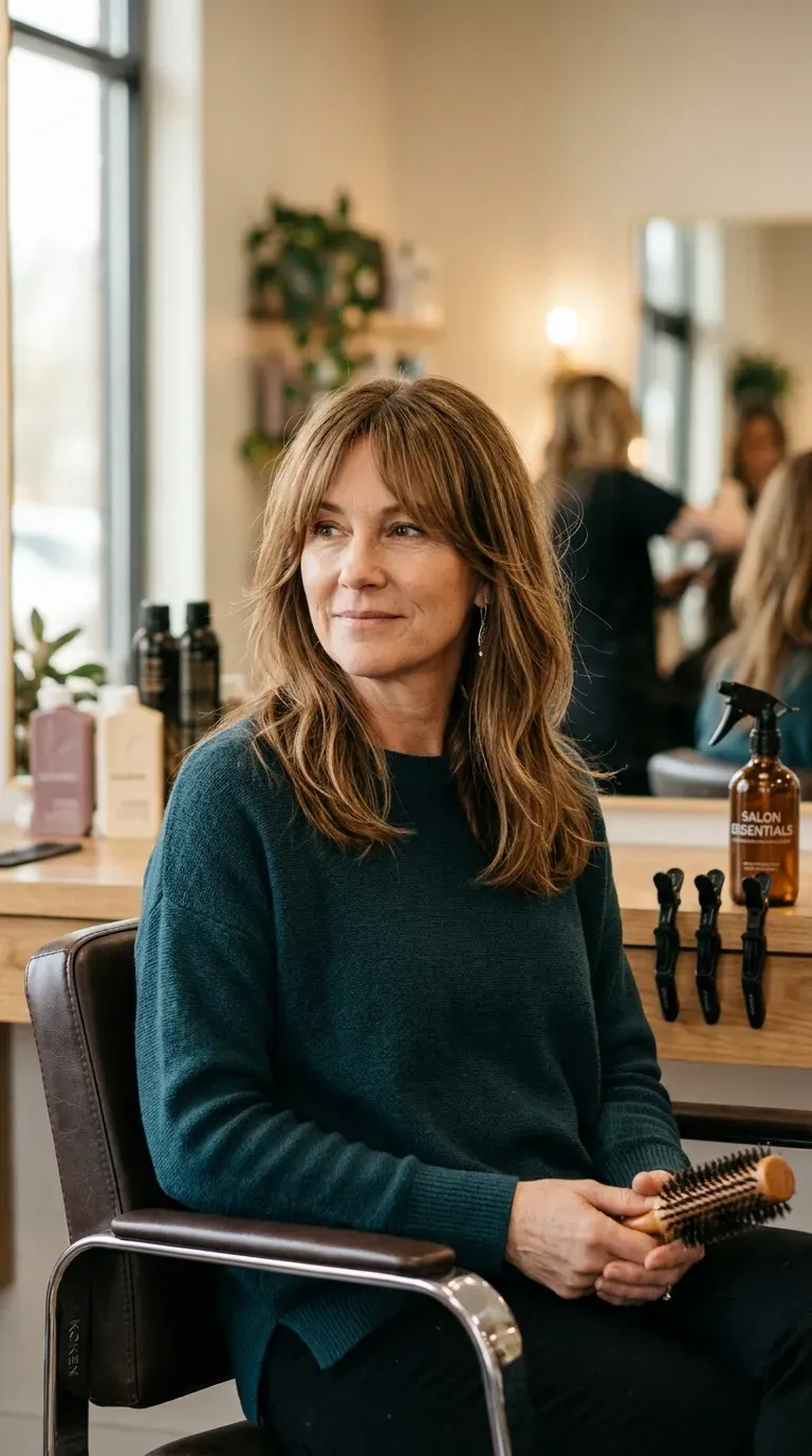 Woman over 50 with curtain-style front layers softly blended into longer hair