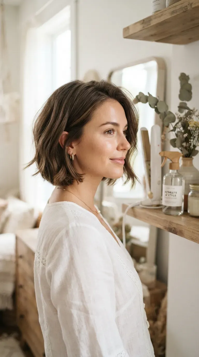 Woman with a curved choppy bob featuring soft, inward-curving ends