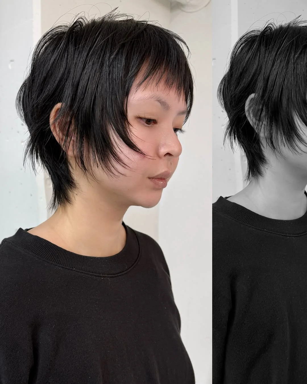 Woman with an edgy deconstructed shag pixie with irregular, undone layers
