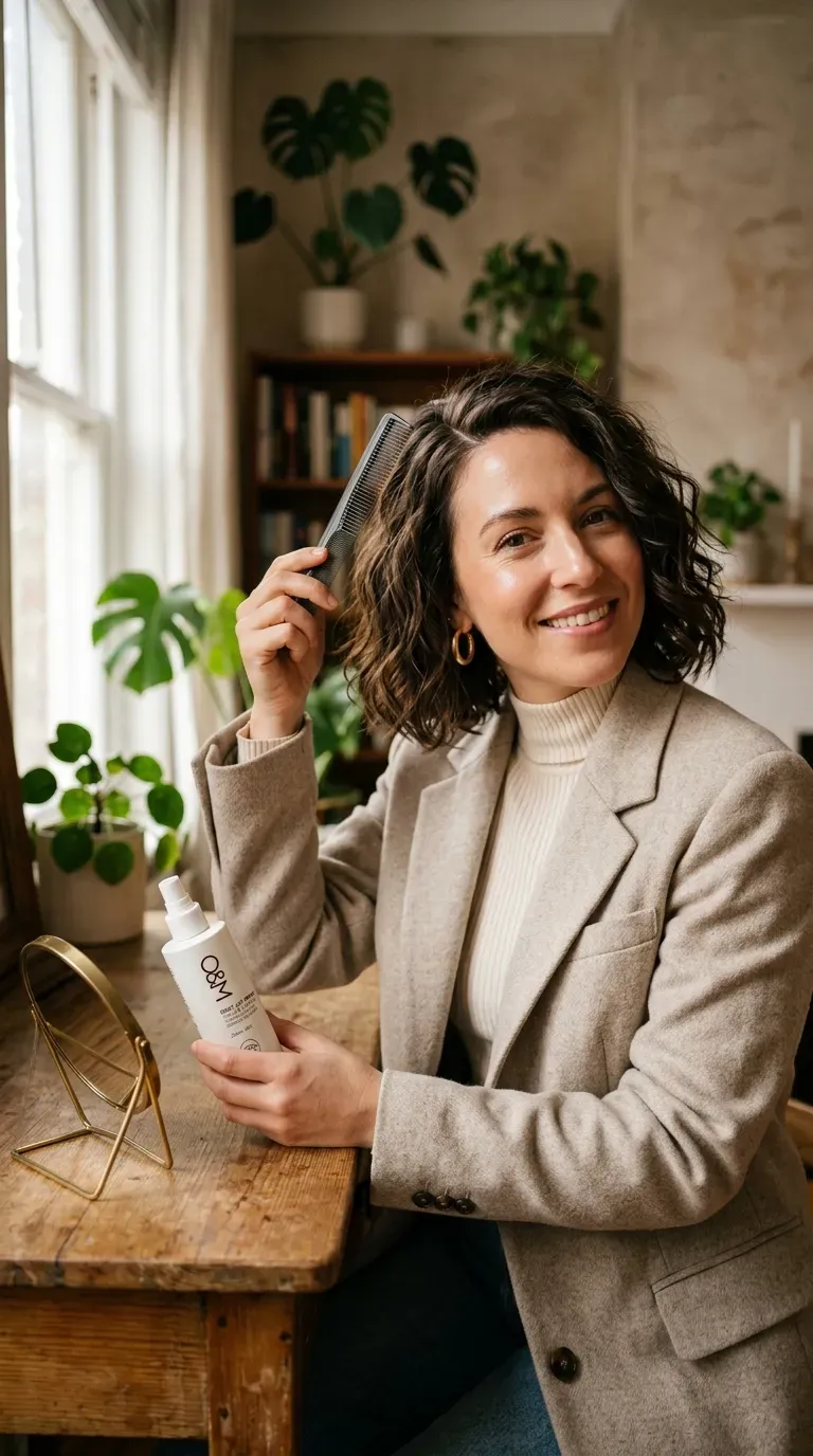 Woman with a textured bob styled with a deep side part for root lift