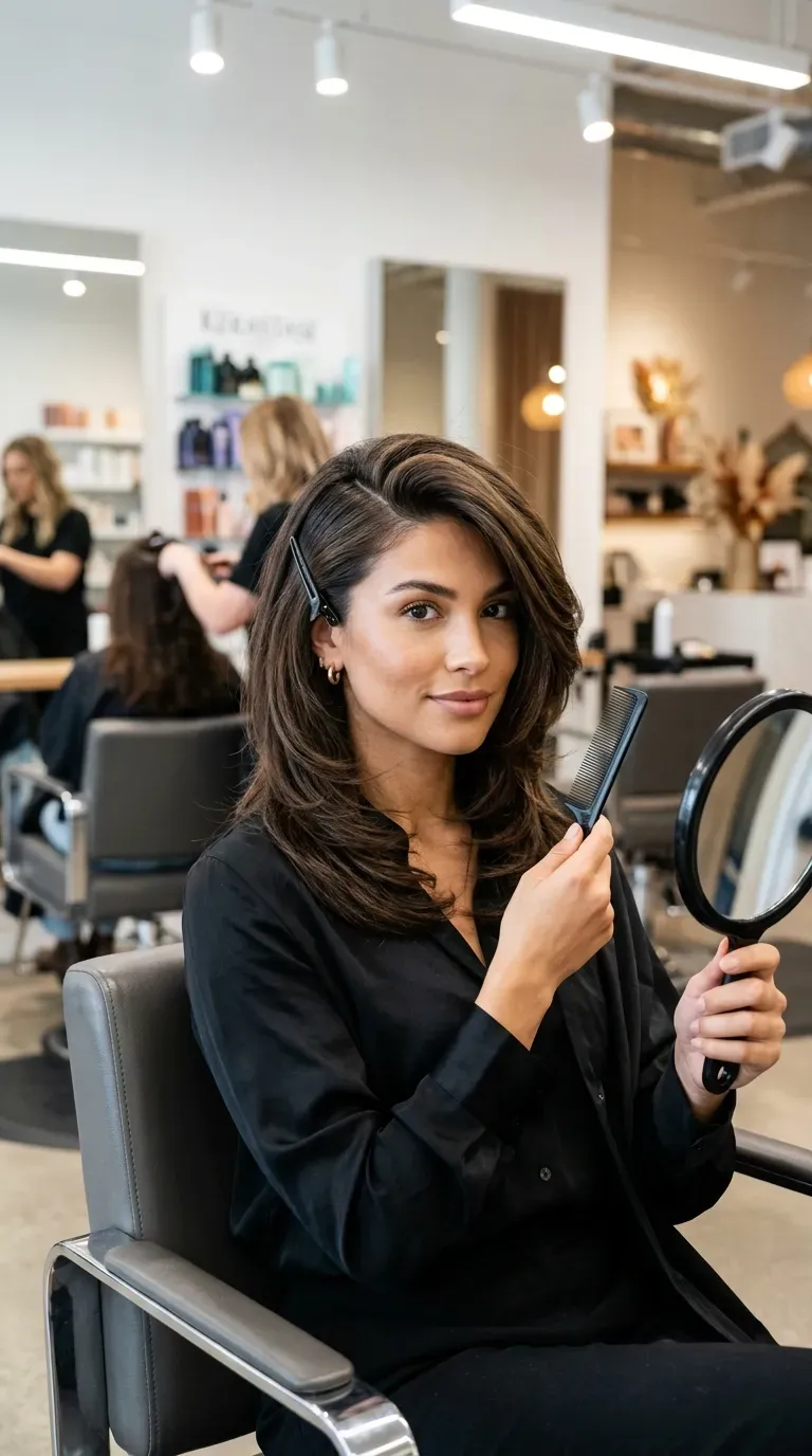 Woman with layered hair styled with a deep side part sweeping across her forehead