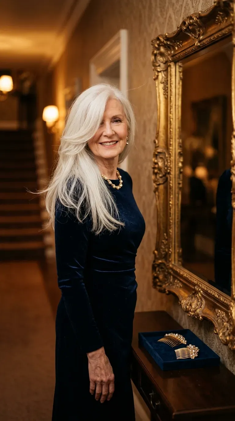 Elegant older woman with a deep side part and long sweeping layers falling across one side