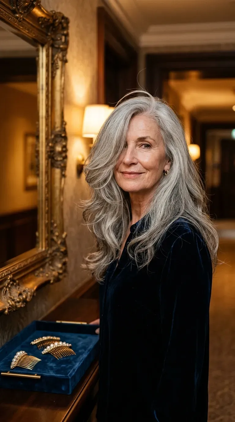 Older woman with a deep side part and long sweeping layers falling across one side