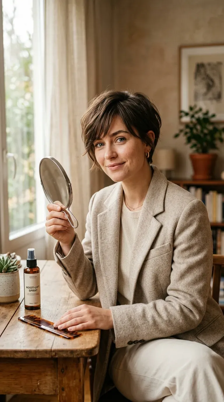 Woman with deep side-parted bangs styled into a textured crop