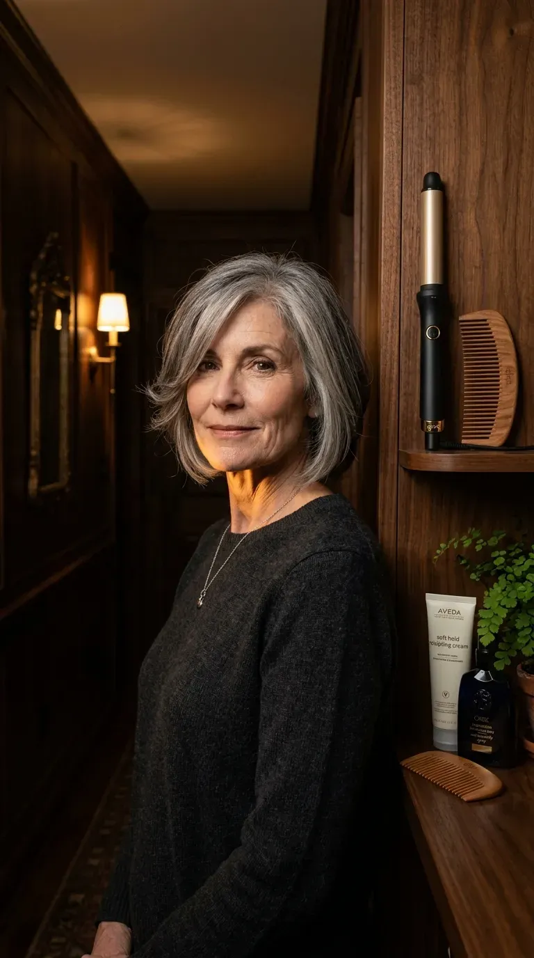 Woman over 60 with a strong jawline wearing diagonal front layers that soften angular features