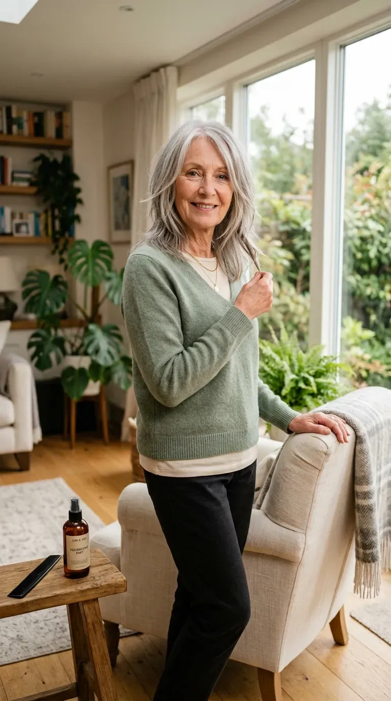 Woman over 70 with a long face shape wearing diagonal medium layers that add width at the cheekbones
