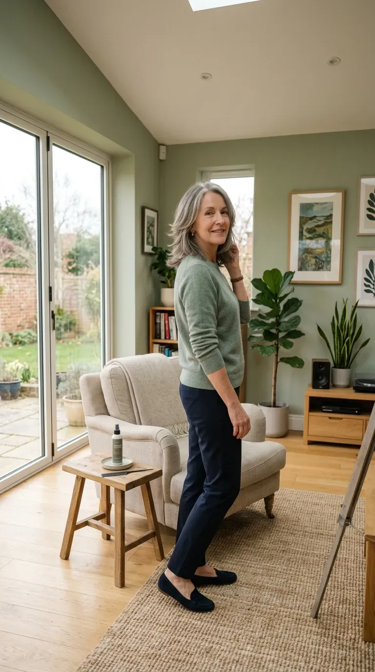 Woman over 60 with a long face shape wearing diagonal layers that add width at the cheekbones