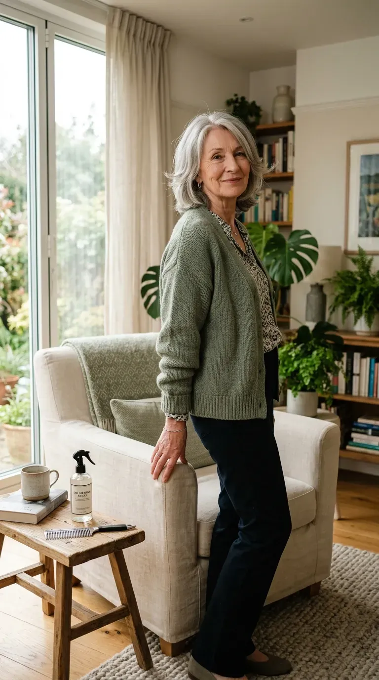 Woman over 70 with a long face shape wearing diagonal layers that add width at the cheekbones
