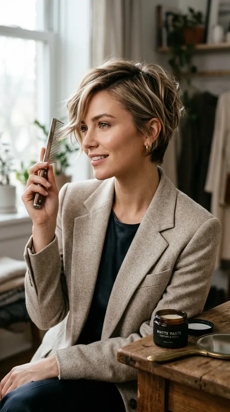 Woman with a layered crop styled to show dimension across each layer
