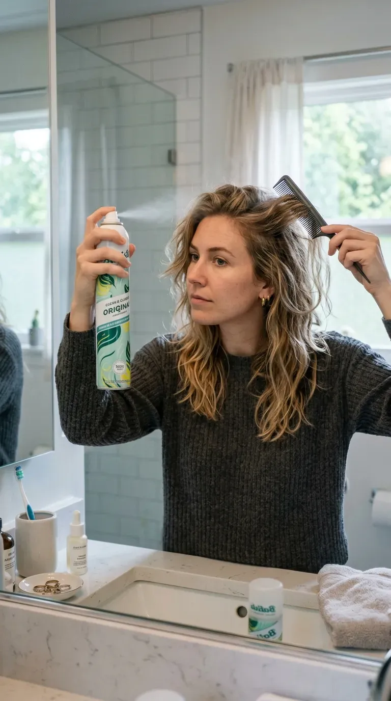 Layered hairstyle refreshed on the second day using dry shampoo at the roots