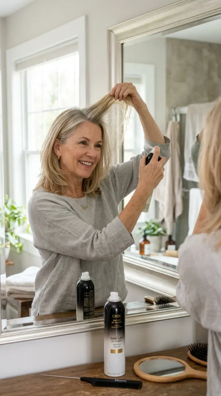 Woman over 50 applying dry shampoo to layered fine hair for second-day lift