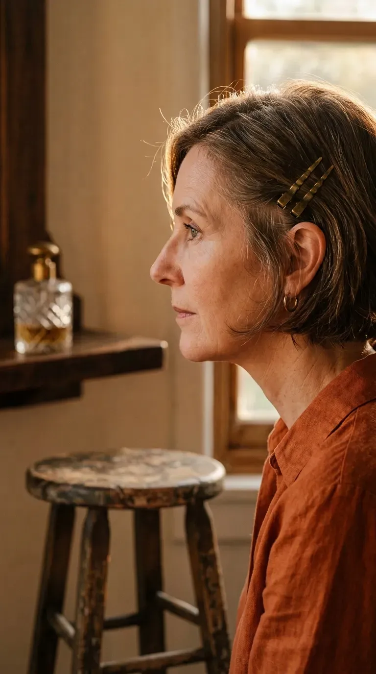 Side profile of a short, ear-length bob with soft, piecey ends
