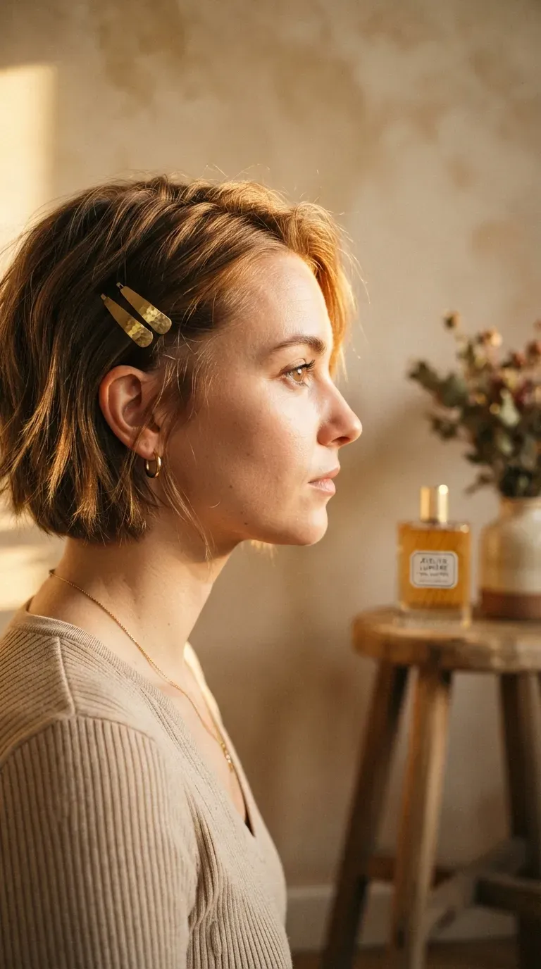 Side profile of a short, ear-length choppy bob with textured, piecey ends