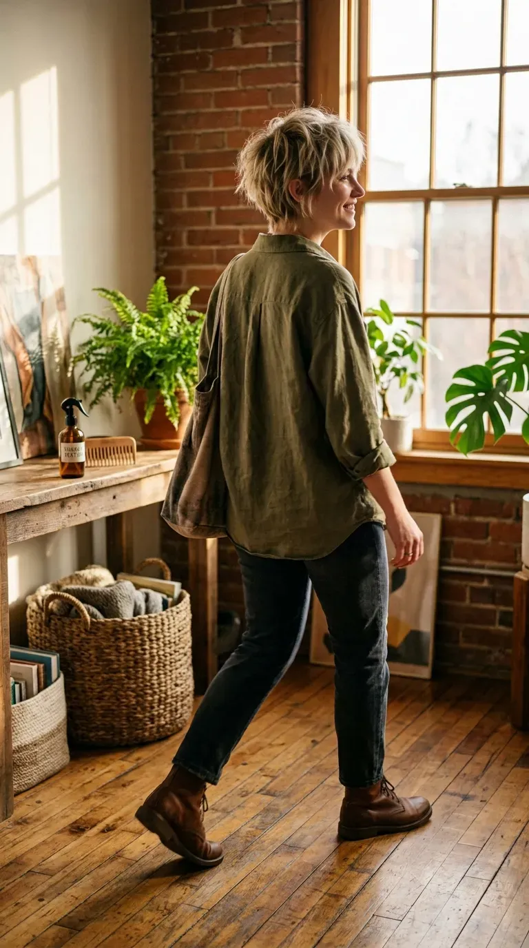 Woman with an effortless bedhead-style shaggy pixie styled with undone texture