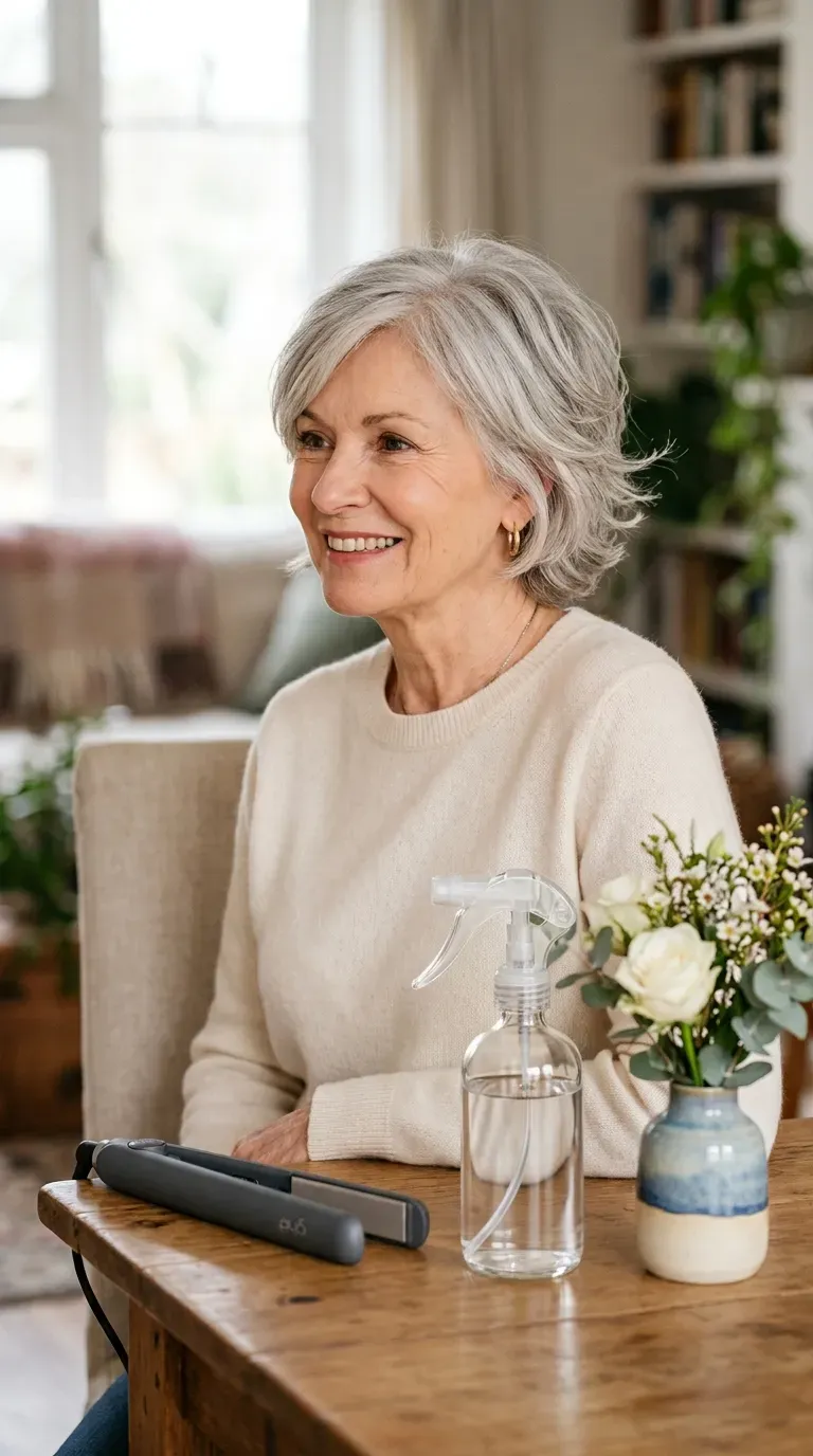 Woman over 60 with an elegant short shag haircut showing soft, refined texture