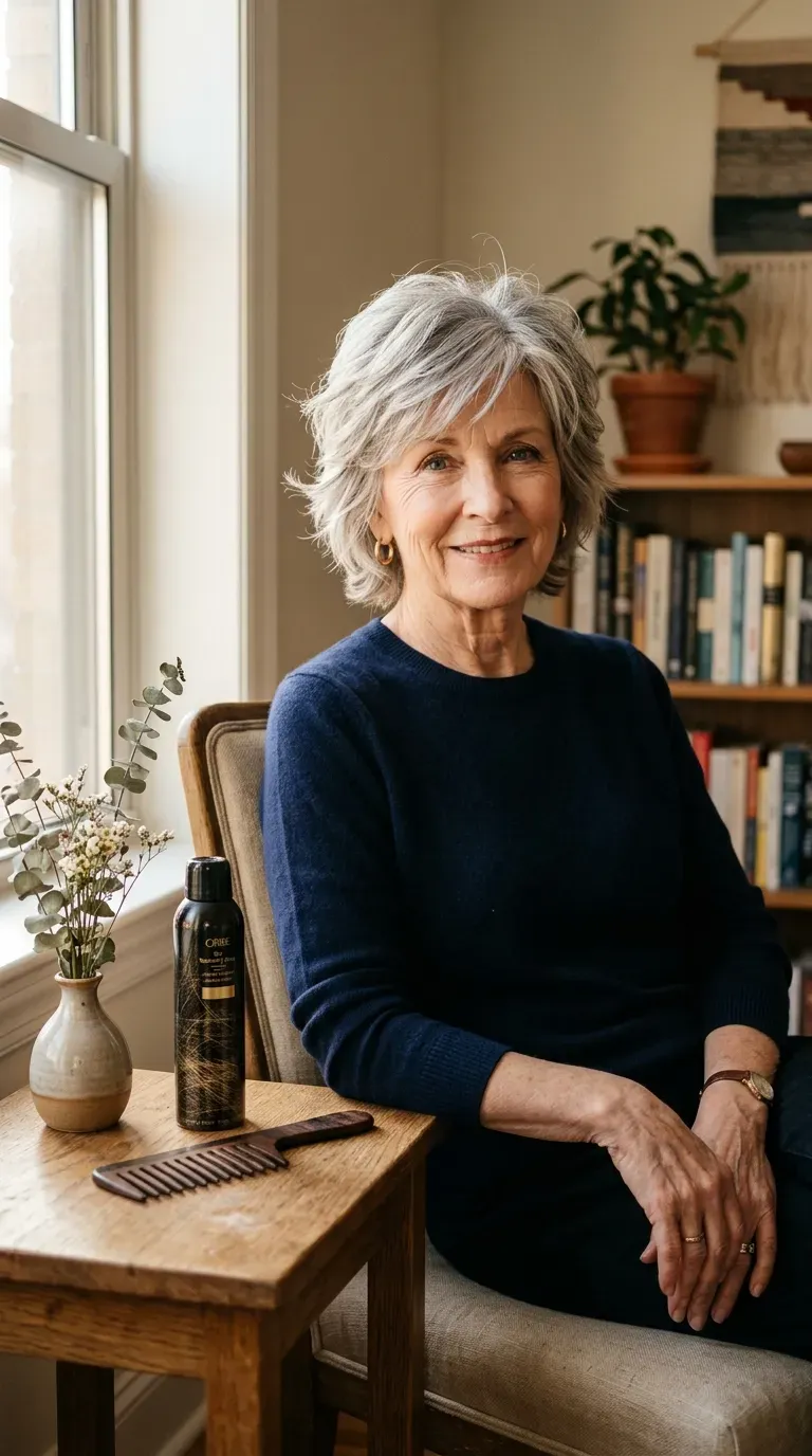 Woman over 70 with an elegant short shag haircut showing soft, refined texture