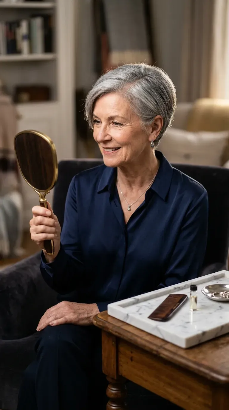 Woman over 70 with a short crop styled with a deep side part for elegance