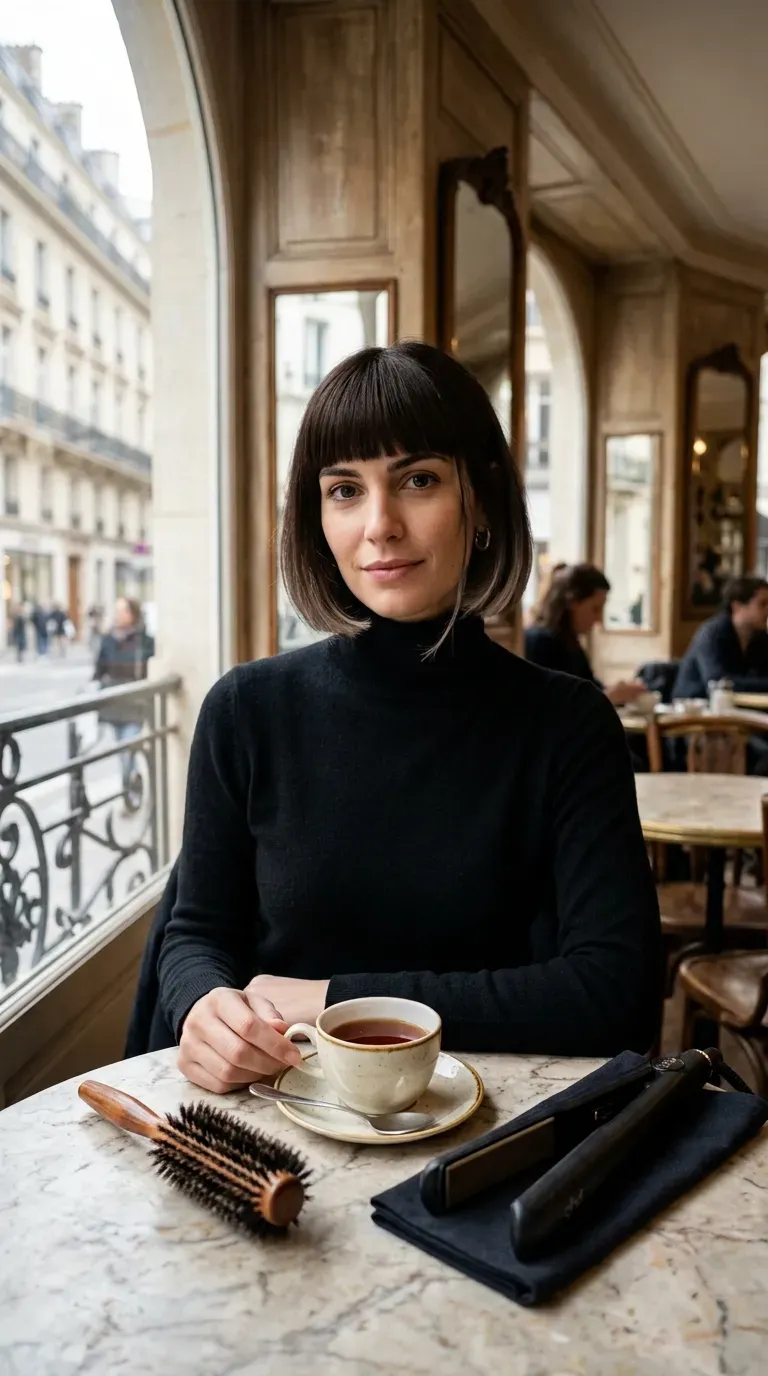 Chin-length French bob with espresso base and beige balayage accents