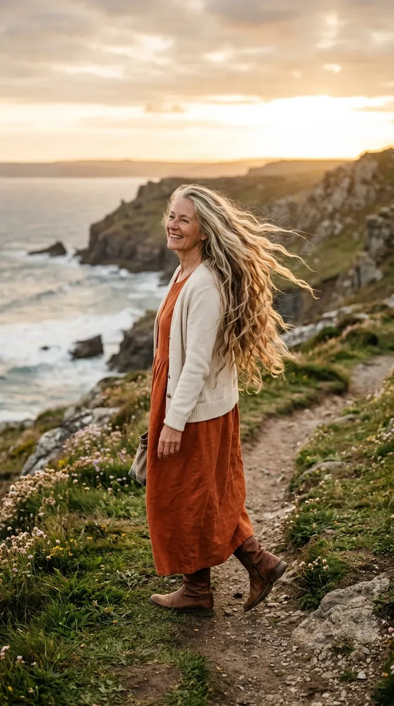 Older woman with extra-long layered hair falling past the chest with dramatic length