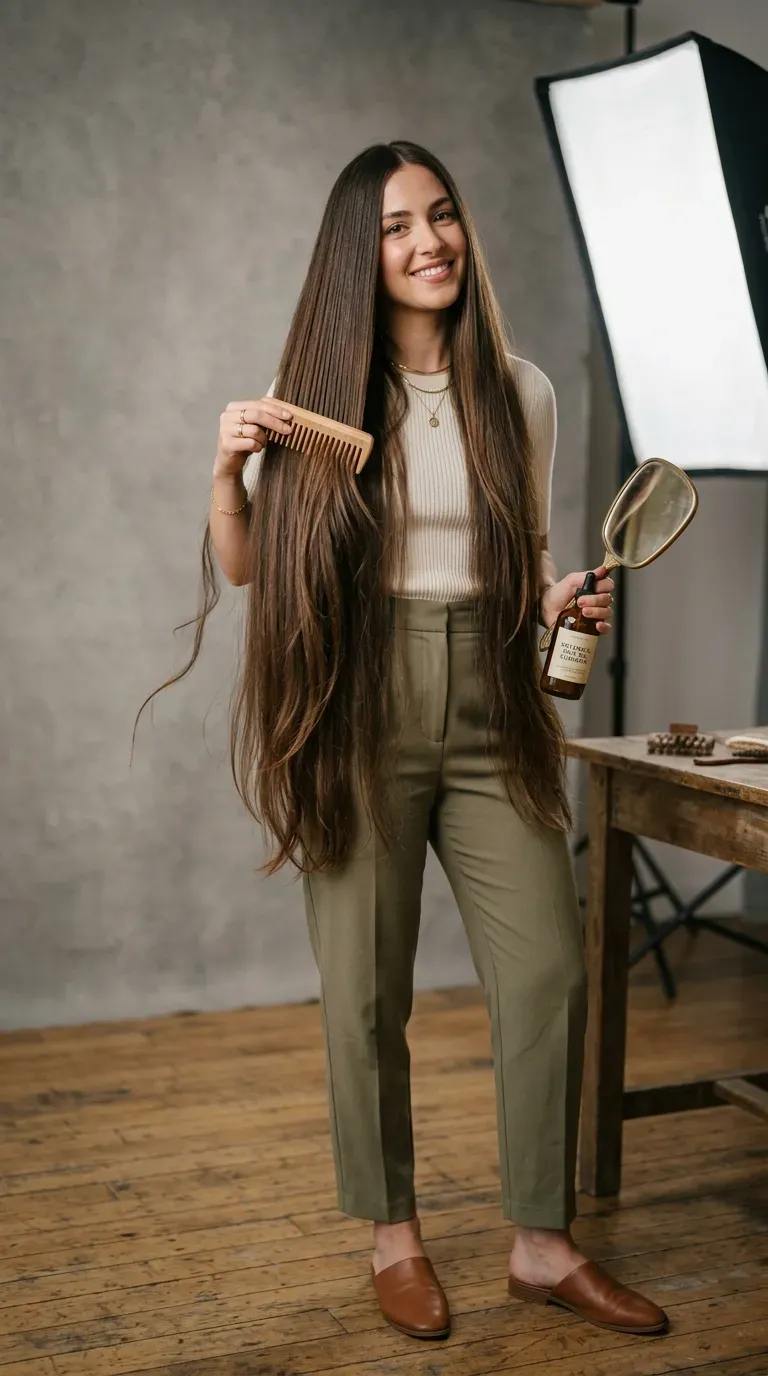 Woman with extra-long straight layered hair cascading past her waist