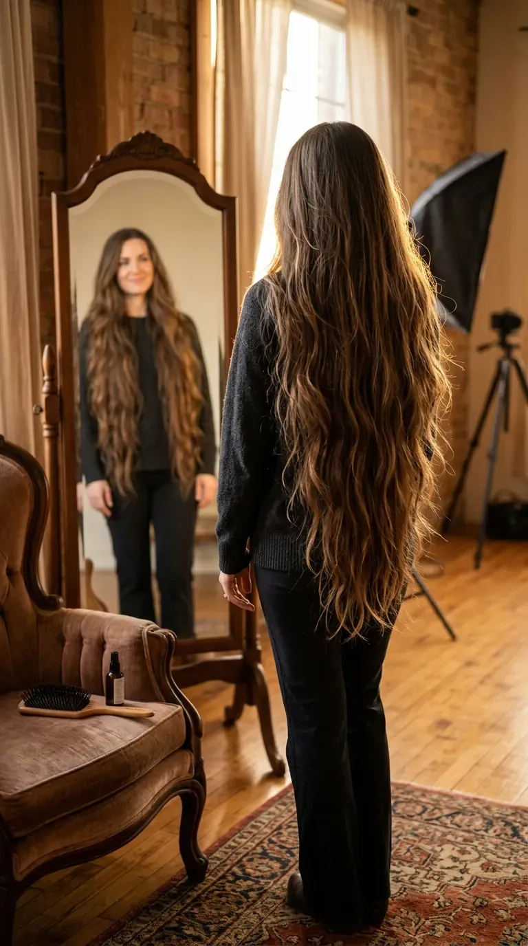 Woman over 50 with extra-long layered hair styled to still look full