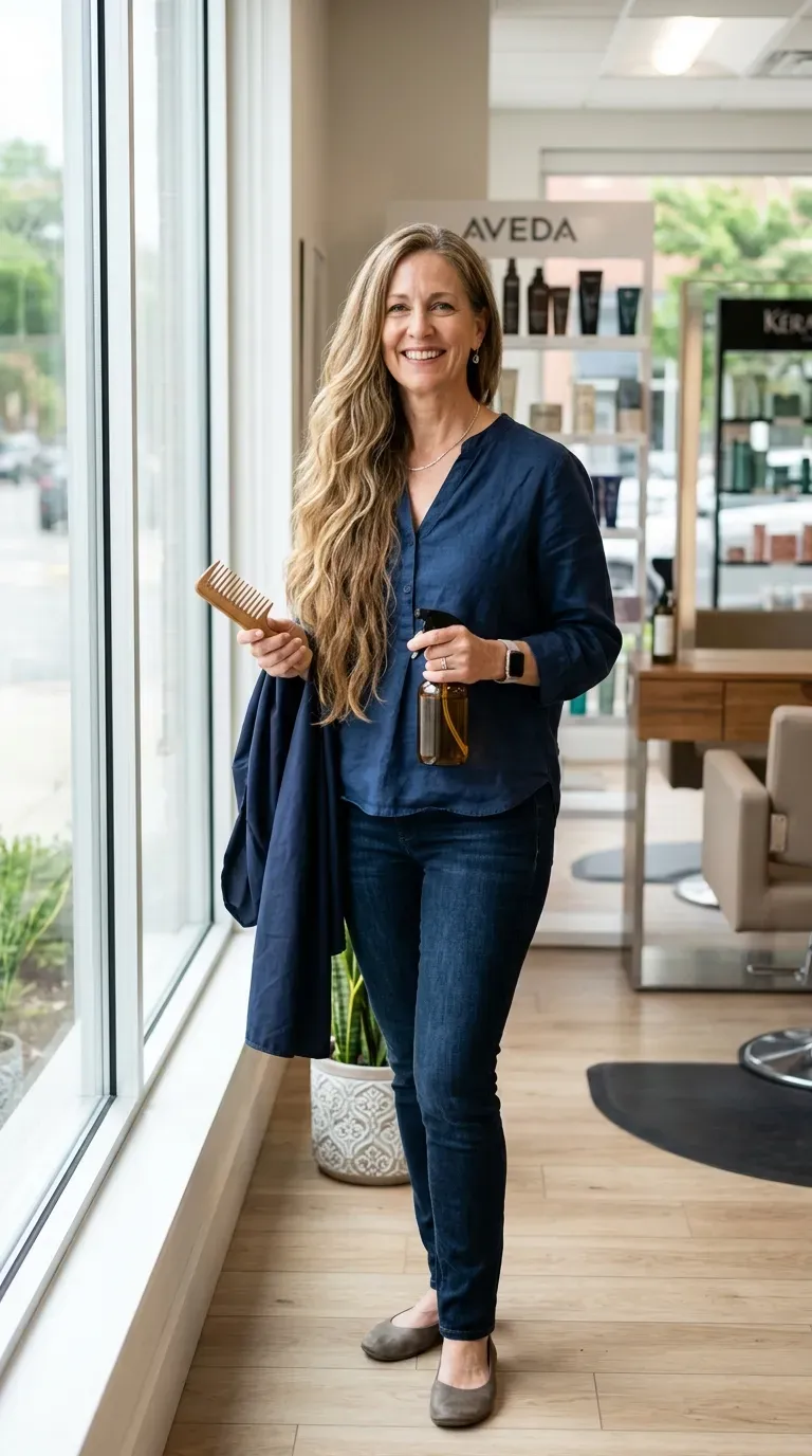 Woman over 50 with extra-long layered hair falling to the waist