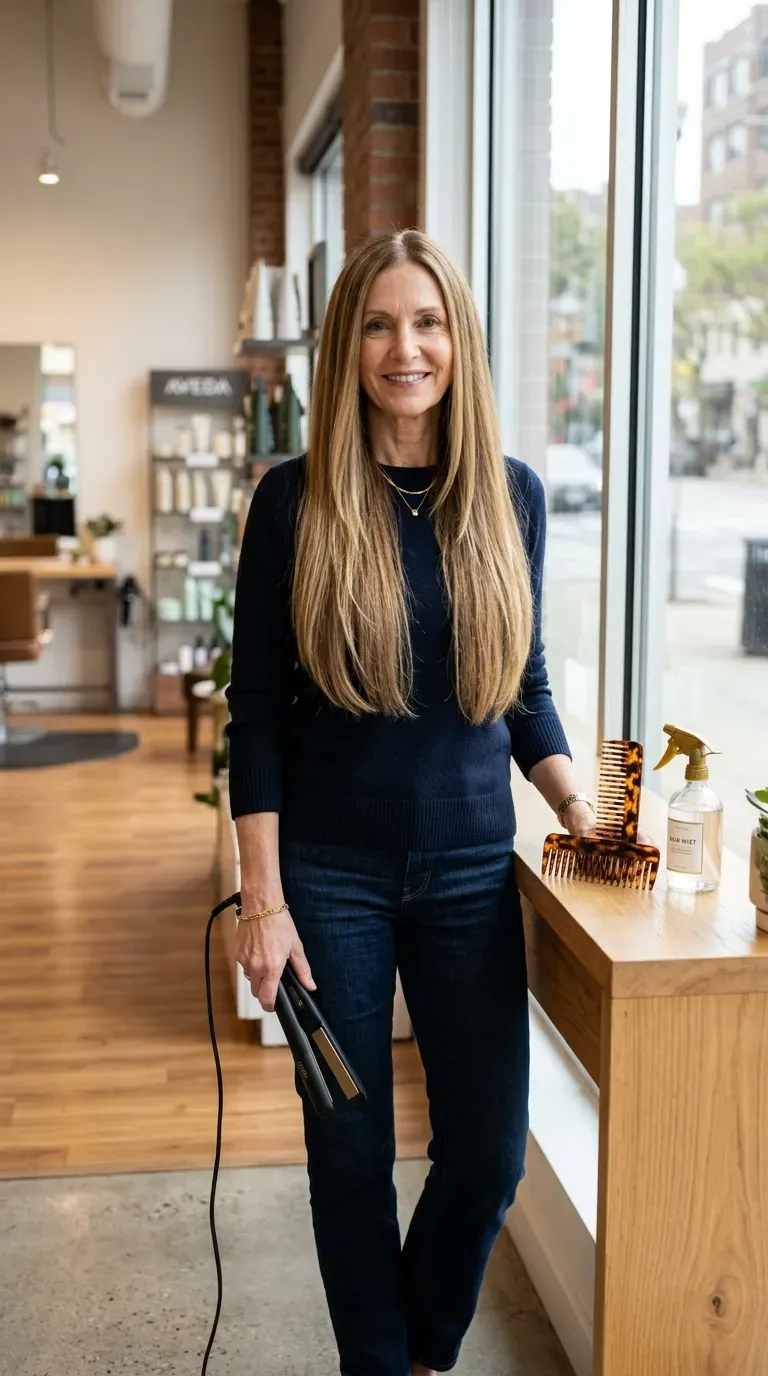 Woman over 50 with extra-long straight layered hair featuring graduated weight removal