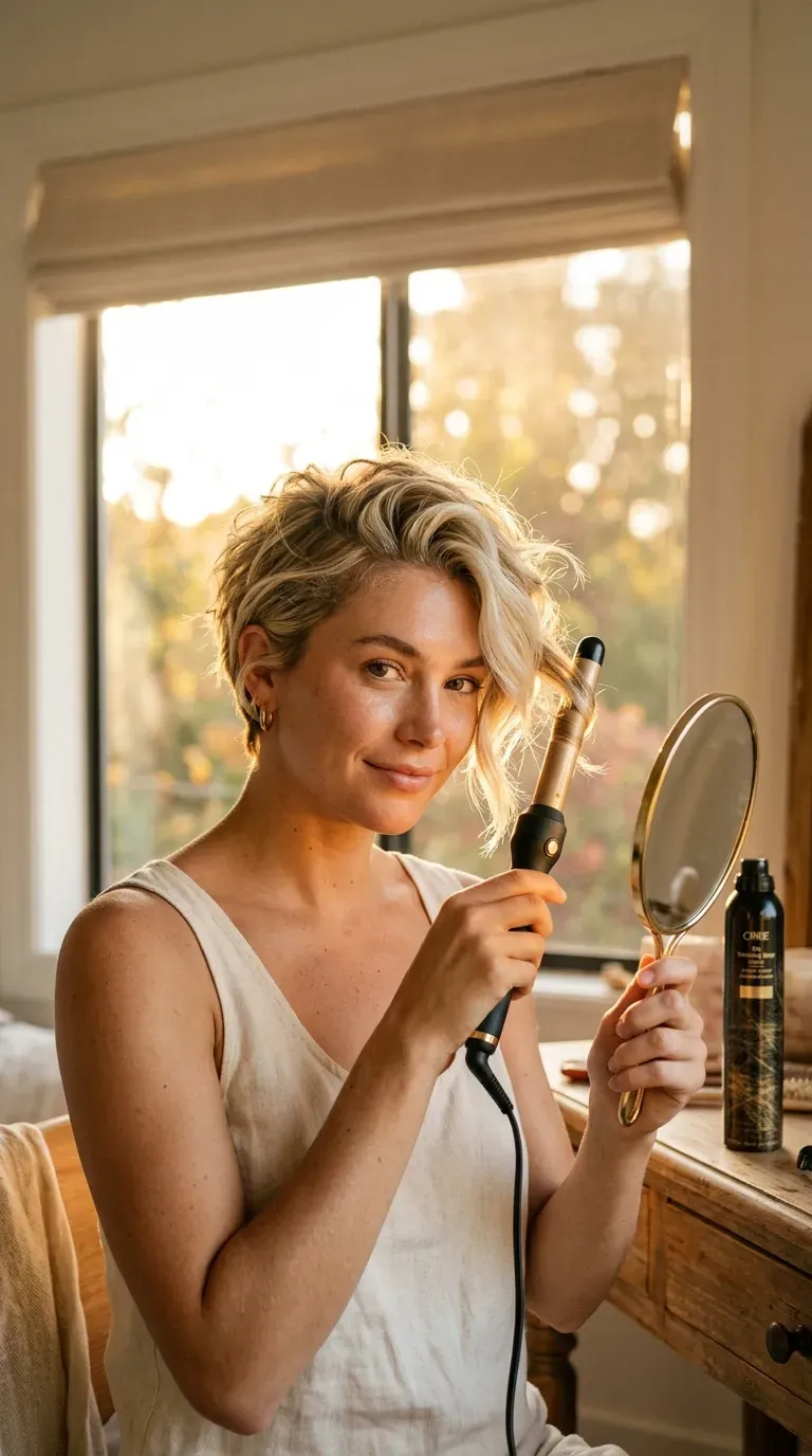 Long pixie cut with soft blonde balayage framing the front sections